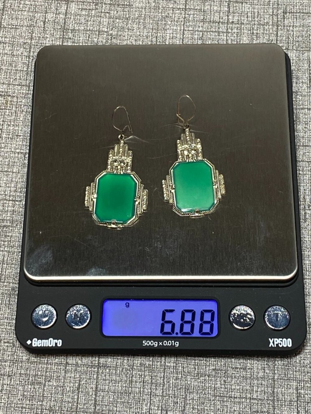 Art Deco 1930s Chrysoprase Marcasite Sterling Silver Earrings Antique - Picture 14 of 15